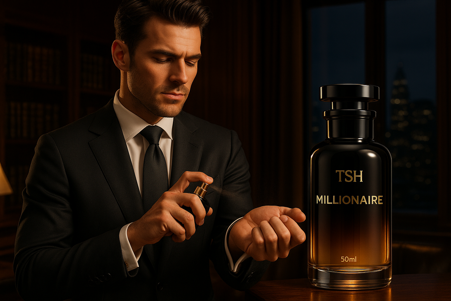 Luxury fragrance advertisement featuring a well-groomed male model in an impeccable dark suit applying perfume to his wrist in an executive office with wood paneling and nighttime city views. A striking black-to-gold gradient perfume bottle is prominently displayed with "TSH" logo, "Millionaire" and "50ml" in elegant gold lettering. Warm, dramatic lighting creates rich shadows and highlights that emphasize luxury and success.