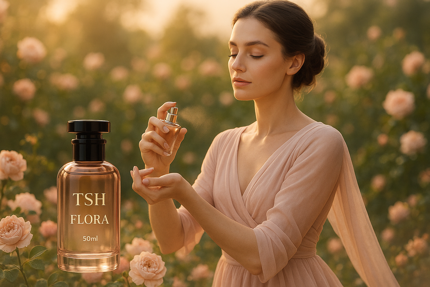 Luxury perfume advertisement featuring a graceful female model in a flowing soft pink dress gently spraying perfume on her wrist in a dreamy garden setting with blooming flowers. A sophisticated blush pink to rose gold gradient perfume bottle with a striking black cap is prominently displayed with "TSH" logo in elegant gold block letters, with "Flora" and "50ml" beneath it. Soft, dreamy lighting creates an ethereal, romantic atmosphere.