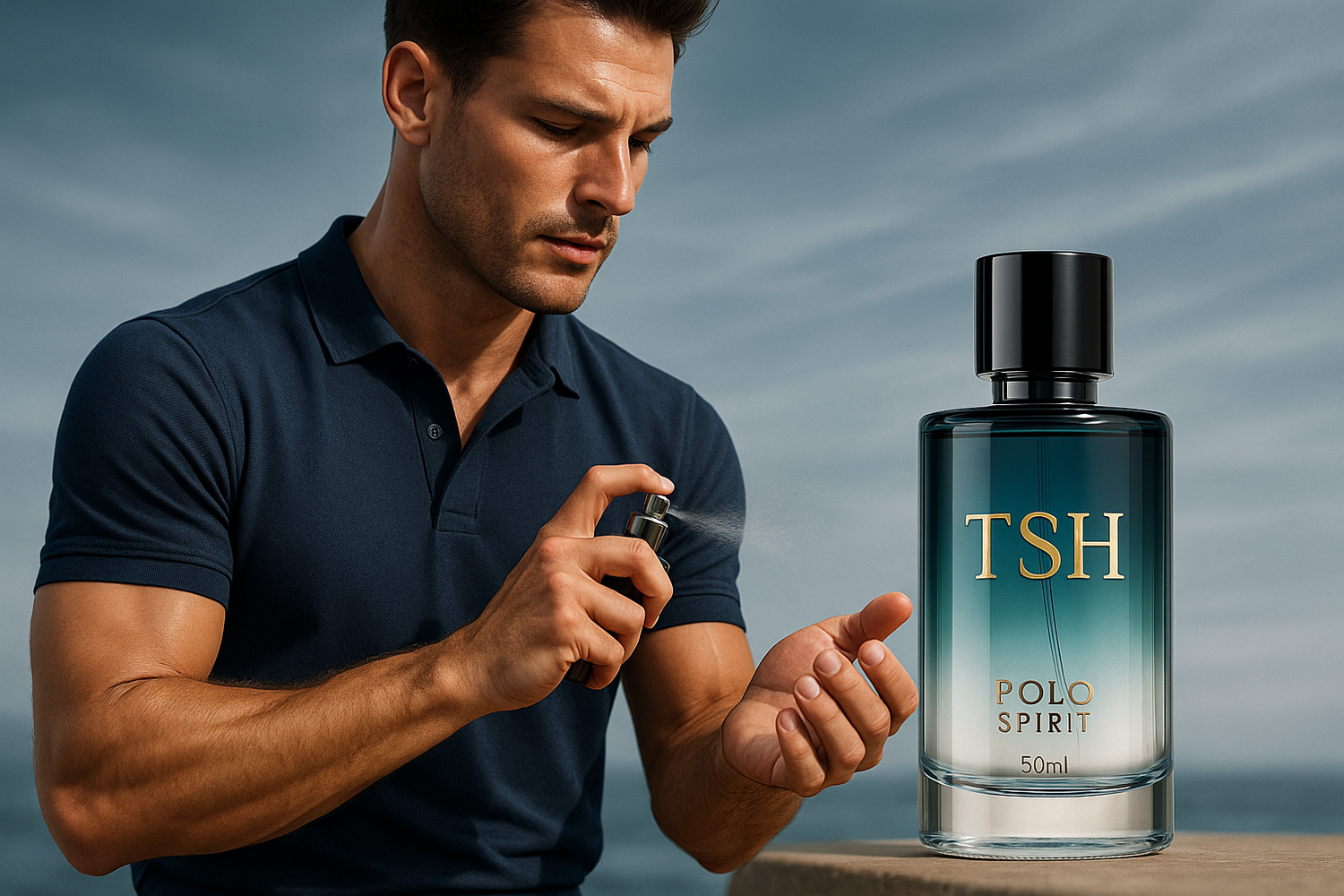 Luxury sports fragrance advertisement showing an athletic male model in a modern fitted polo shirt spraying perfume on his wrist. A stylish aqua blue and silver gradient perfume bottle is prominently displayed with "TSH" in gold lettering and "Polo Spirit" and "50ml" beneath it. The background features a fresh, sporty atmosphere with subtle ocean breeze elements and dramatic editorial lighting.